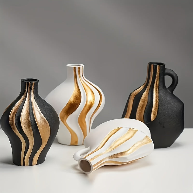 Modern Ceramic Vase | Black & White with Gold Accents – Luxury Tabletop & Mantelpiece Decoration | Meowbutter