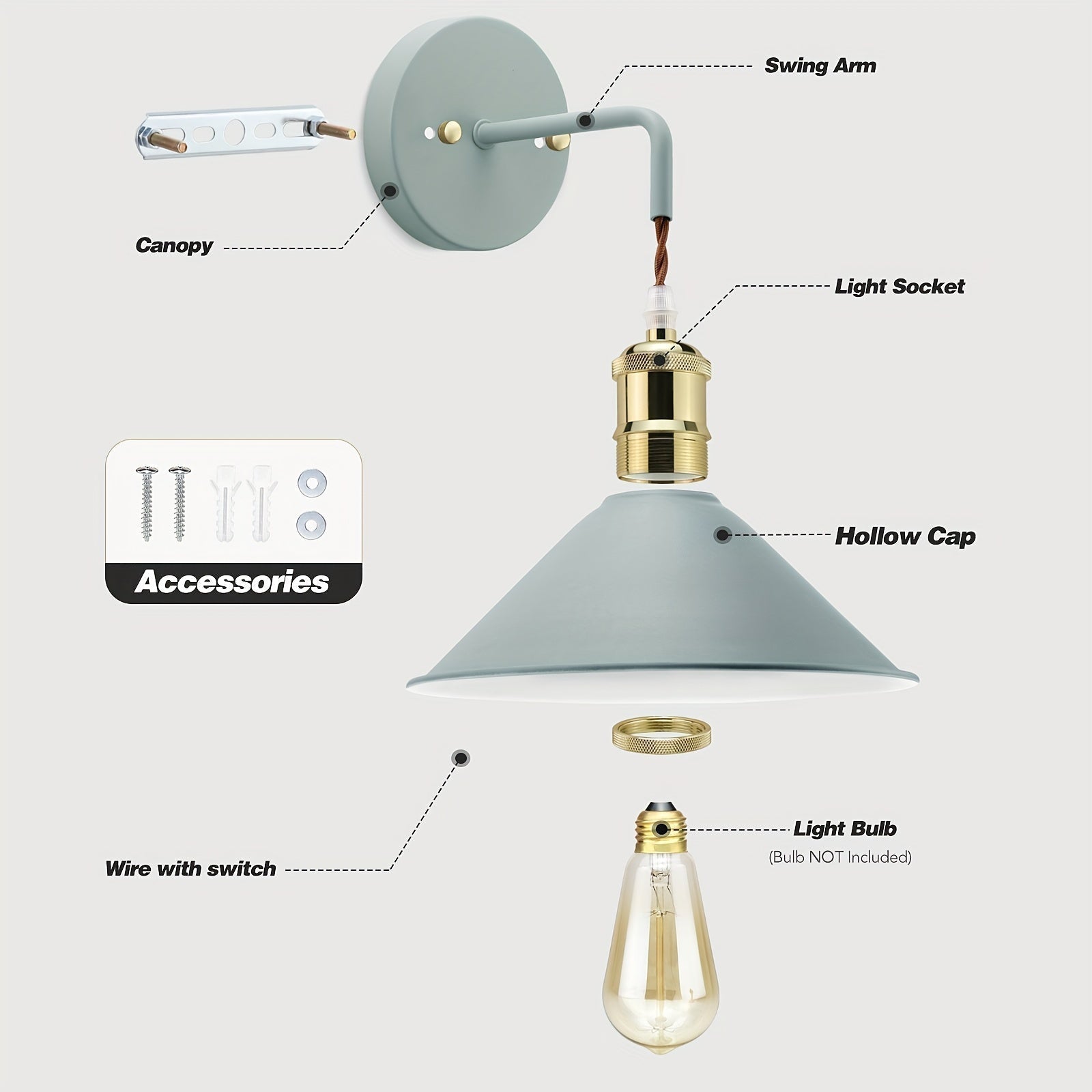 Industriell vegglampe i oljepolert metall — halvplan innfatning, solid ramme, fast tilkobling