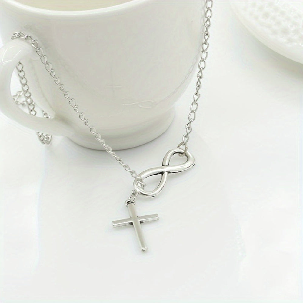 Vintage Silver Cross Necklace — Zinc Alloy Pendant, 3.5 x 2 cm, 50 cm Chain
