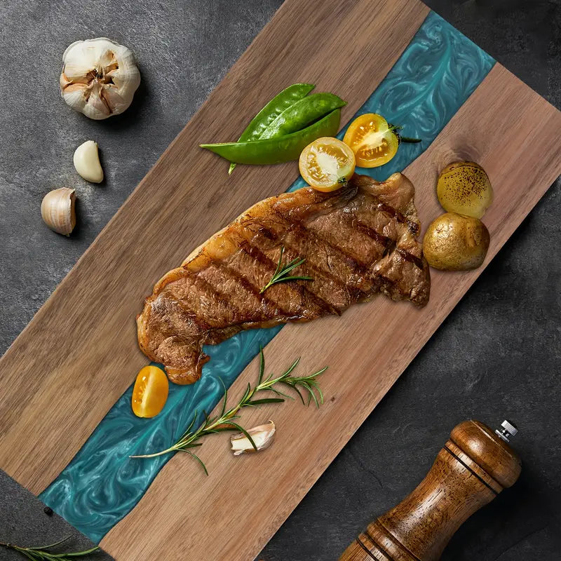 Tábua de resina e madeira de acácia com efeito de rio — superfície de corte retangular, 46 x 23 cm