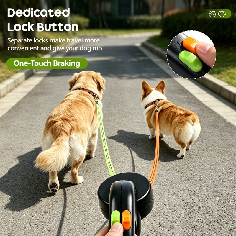 Dual Retractable Dog Leash for Walking Two Dogs with One Hand