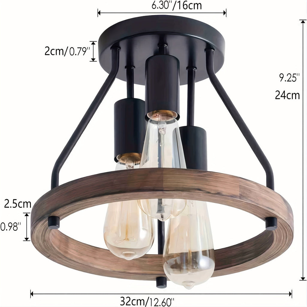 Lampada da soffitto a anello in legno industriale | Plafoniera a 3 luci semi incassata | Meowbutter