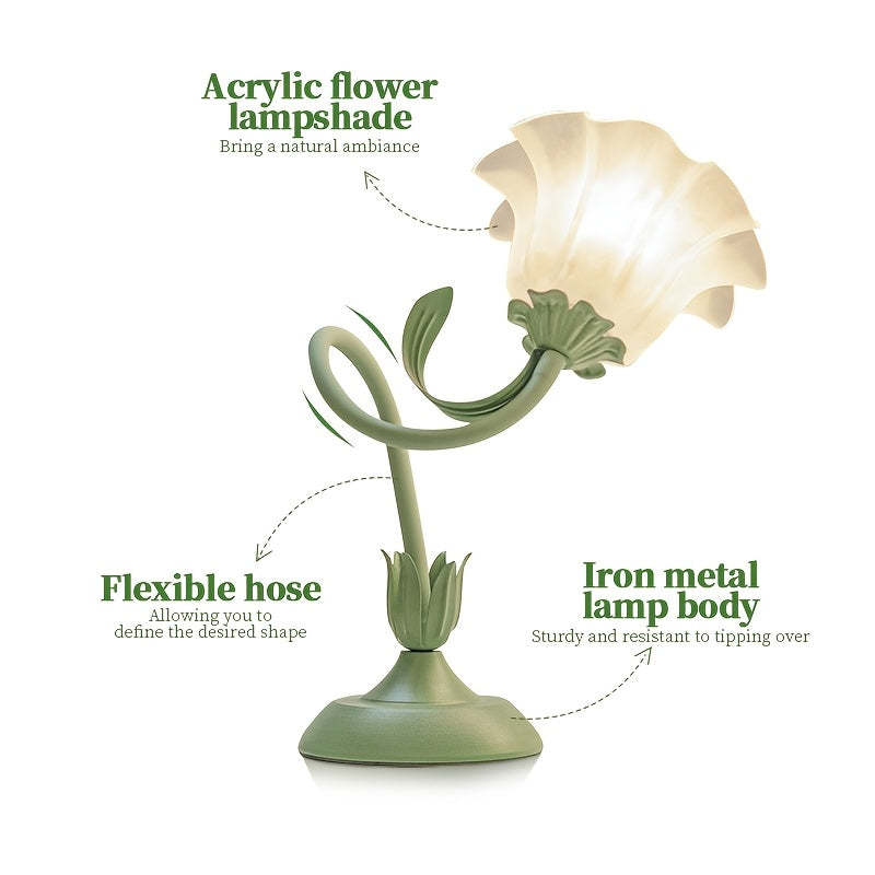 Lampada floreale a fioritura regolabile — alimentata tramite USB, base in ghisa verde, petali in acrilico trasparente