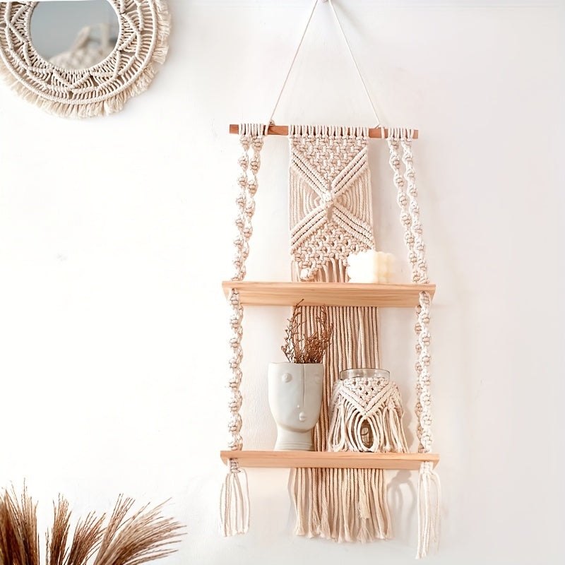 Two Tier Solid Wood Macrame Shelf — Hand Knotted Cotton Storage Rack