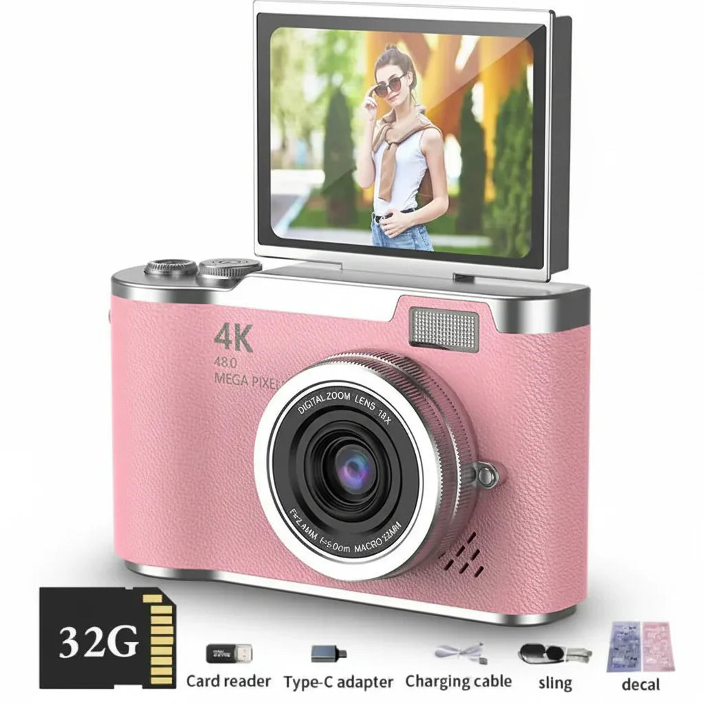 Digitální fotoaparát 4K s výklopným displejem, 48 MP, 8× zoom, kompaktní fotoaparát pro focení a natáčení videí | Meowbutter