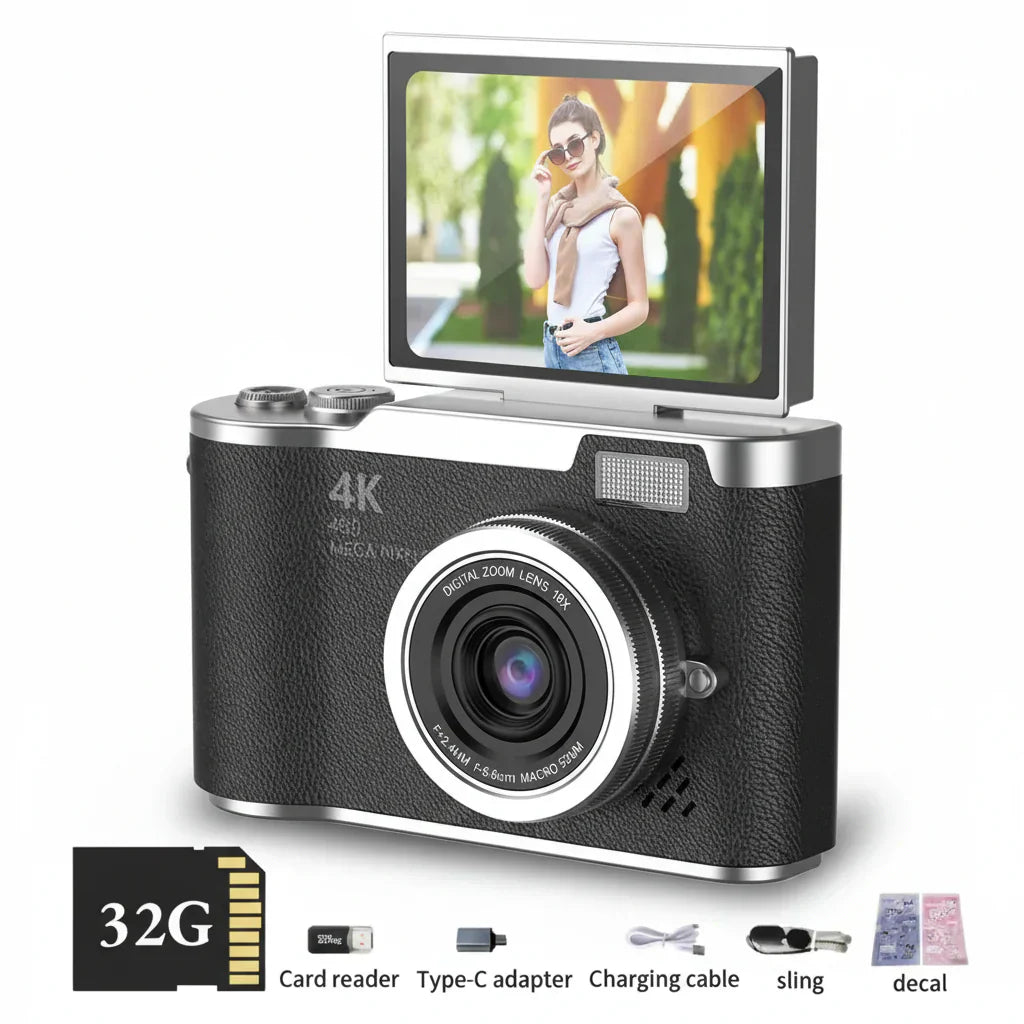 Digitální fotoaparát 4K s výklopným displejem, 48 MP, 8× zoom, kompaktní fotoaparát pro focení a natáčení videí | Meowbutter