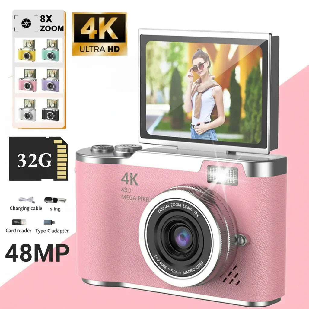 Digitální fotoaparát 4K s výklopným displejem, 48 MP, 8× zoom, kompaktní fotoaparát pro focení a natáčení videí | Meowbutter