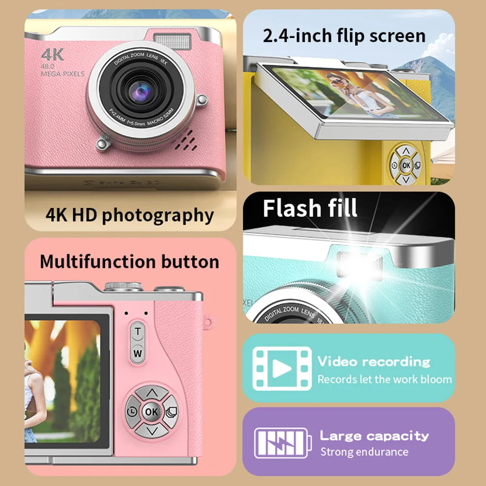 Digitální fotoaparát 4K s výklopným displejem, 48 MP, 8× zoom, kompaktní fotoaparát pro focení a natáčení videí | Meowbutter
