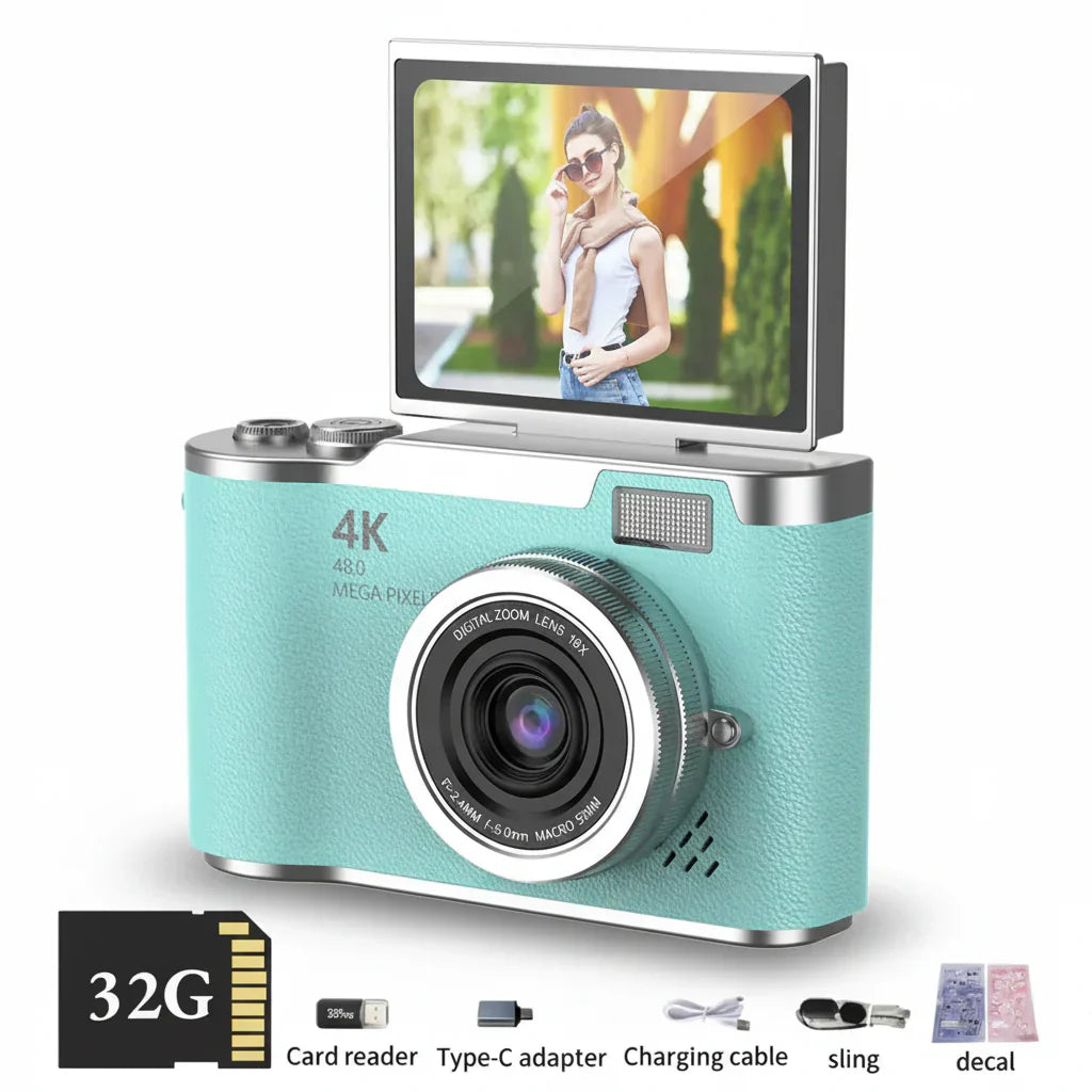 Digitální fotoaparát 4K s výklopným displejem, 48 MP, 8× zoom, kompaktní fotoaparát pro focení a natáčení videí | Meowbutter