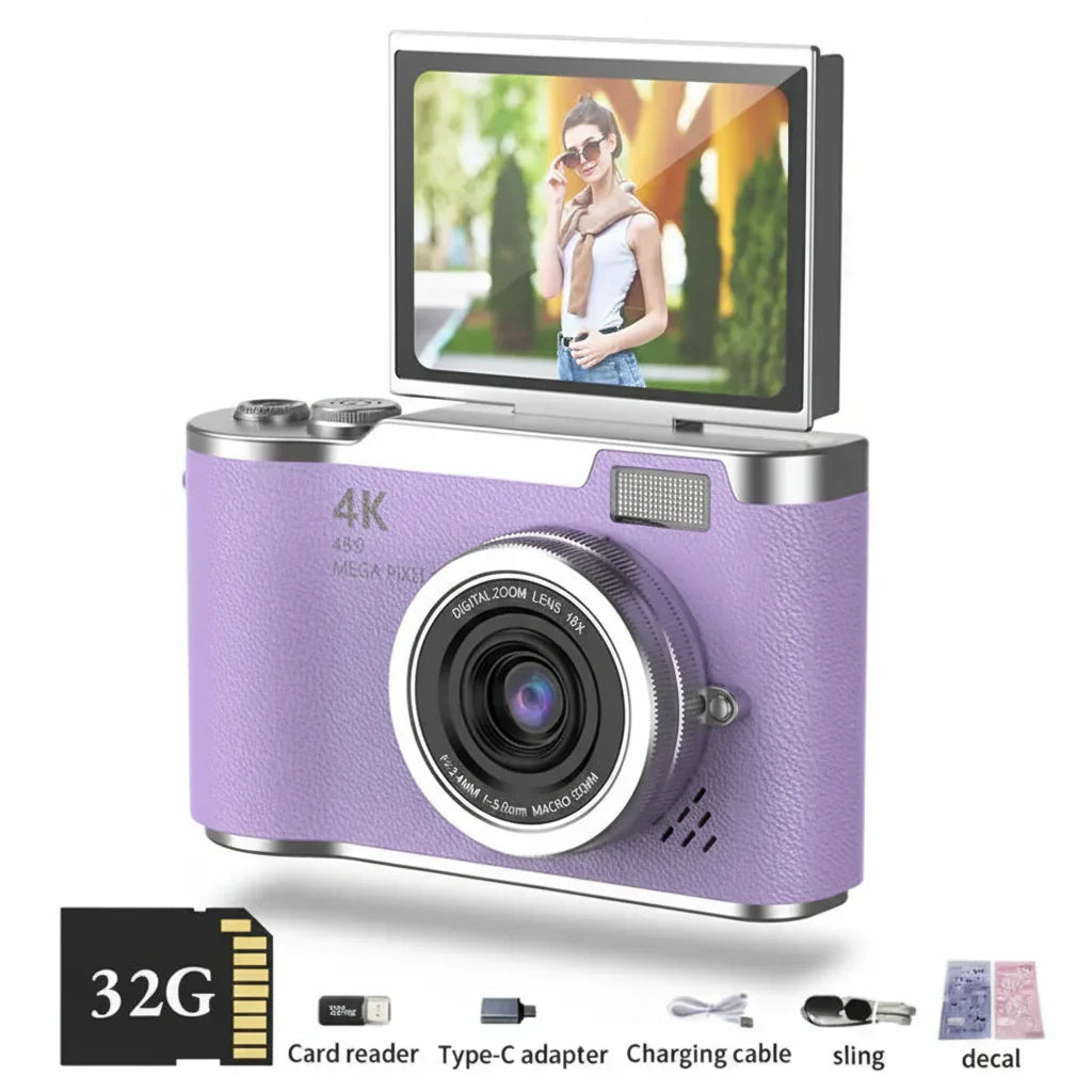 Digitální fotoaparát 4K s výklopným displejem, 48 MP, 8× zoom, kompaktní fotoaparát pro focení a natáčení videí | Meowbutter