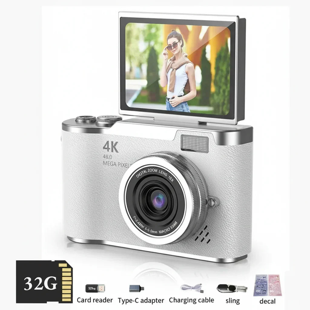 Digitální fotoaparát 4K s výklopným displejem, 48 MP, 8× zoom, kompaktní fotoaparát pro focení a natáčení videí | Meowbutter