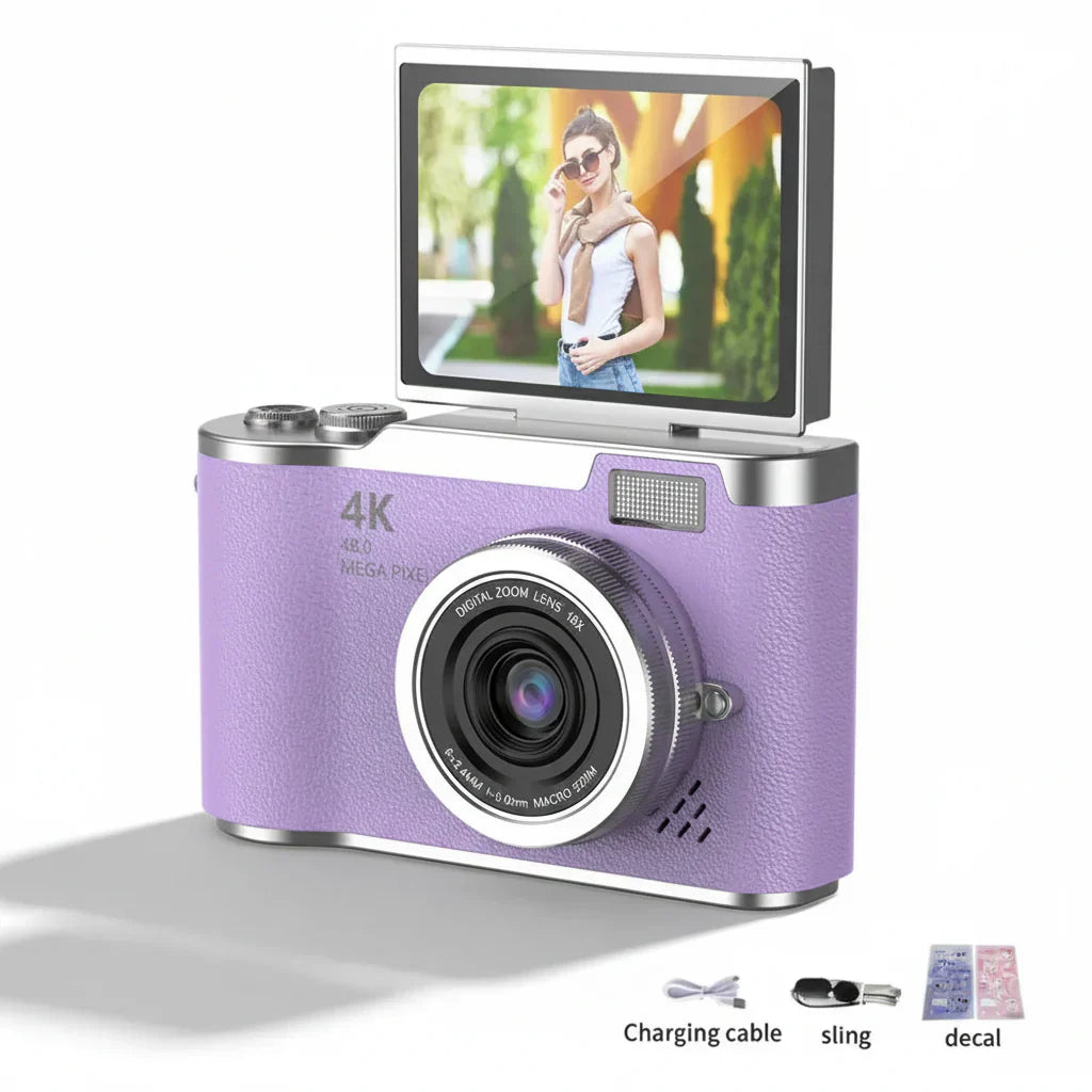 Digitální fotoaparát 4K s výklopným displejem, 48 MP, 8× zoom, kompaktní fotoaparát pro focení a natáčení videí | Meowbutter