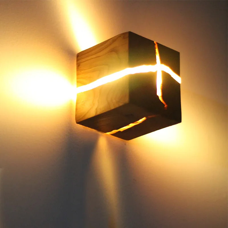 WoodAura Solid Wood Wall Light — Hand-Carved Frame, Embedded Resin Inlay