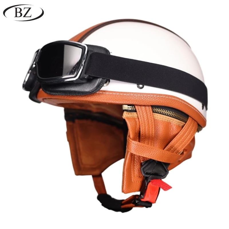 Casco Retro Medio – Acabado Clásico en Cuero con Cubiertas de Orejas Removibles – Aprobado por DOT y ECE - Meowbutter
