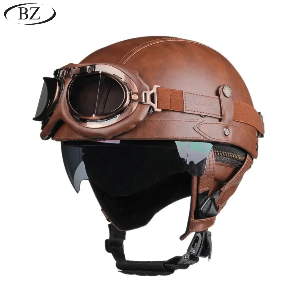 Kask motocyklowy vintage skórzany półotwarty – zatwierdzony DOT i ECE - Meowbutter