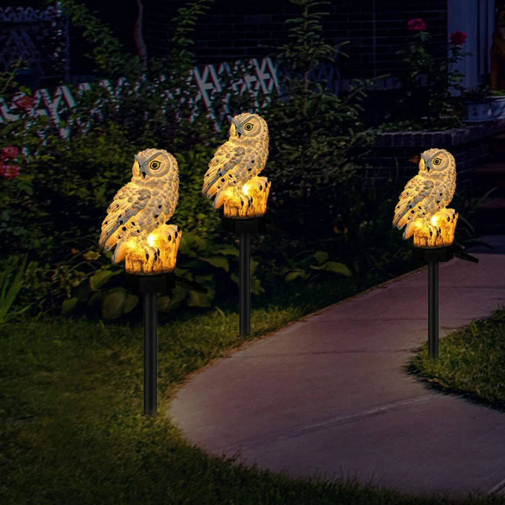 Candeeiro de estaca para jardim com coruja solar — LED branco quente com acendimento automático
