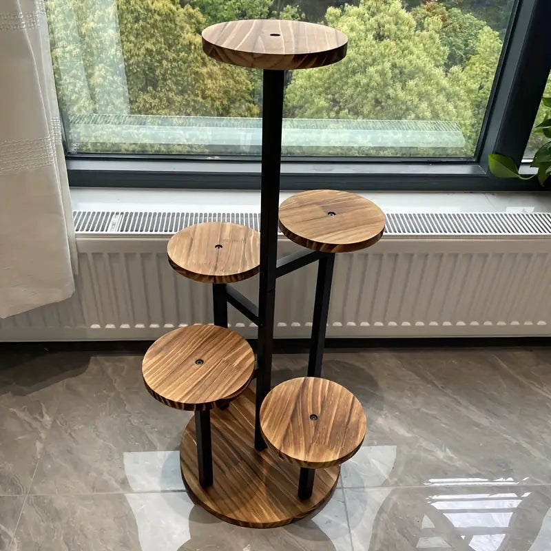 Portapiante rotondo Verdura a sei livelli — Base in legno massello, finitura verniciata a righe