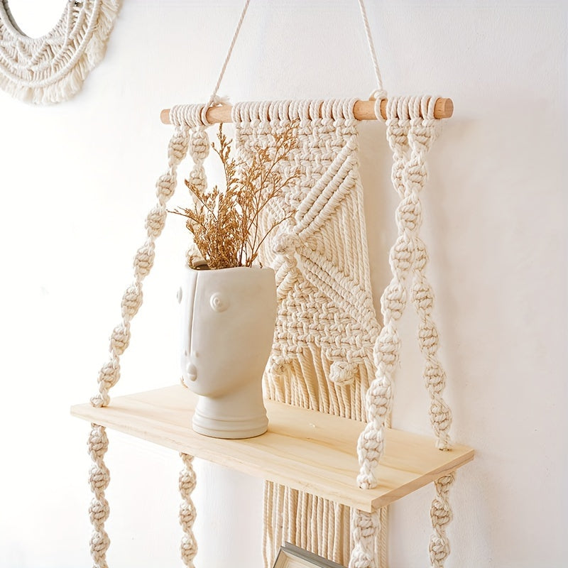 Two Tier Solid Wood Macrame Shelf — Hand Knotted Cotton Storage Rack