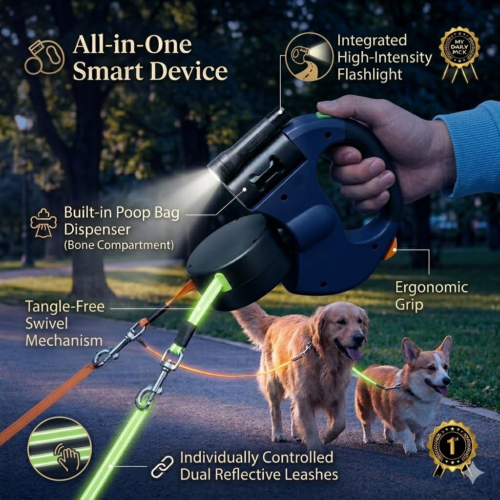 Dual Retractable Dog Leash for Walking Two Dogs with One Hand