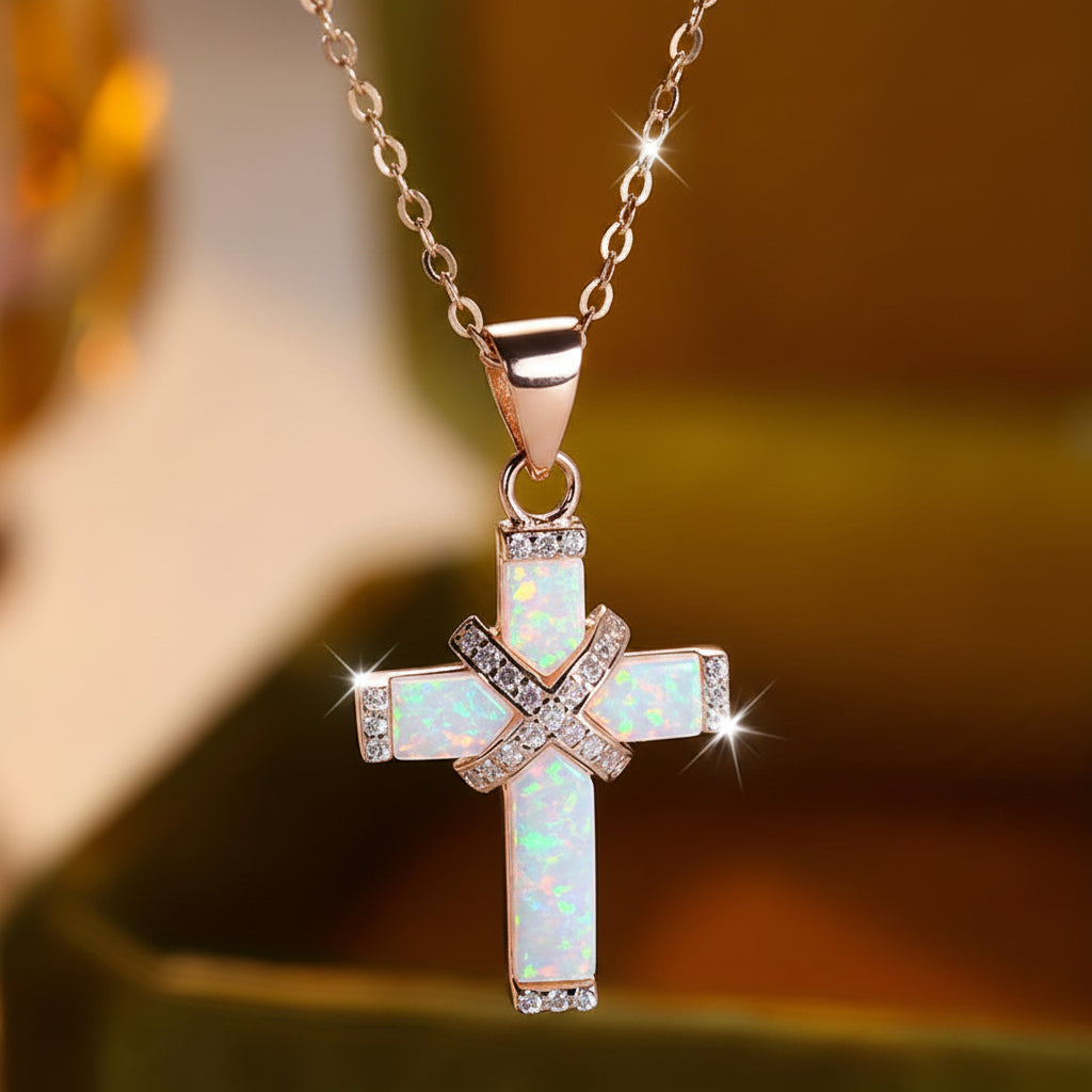 Rose Gold Cross Pendant Necklace — Clear Rhinestone Trim, Metallic Finish