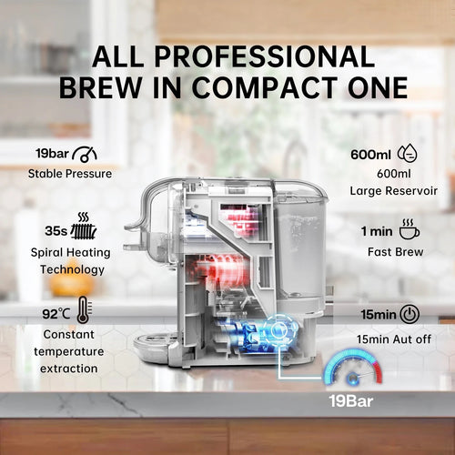 Mașină de cafea 5-în-1 - 20 bari - Nespresso și K-Cup - Preparare caldă și rece - Negru și alb | meowbutter