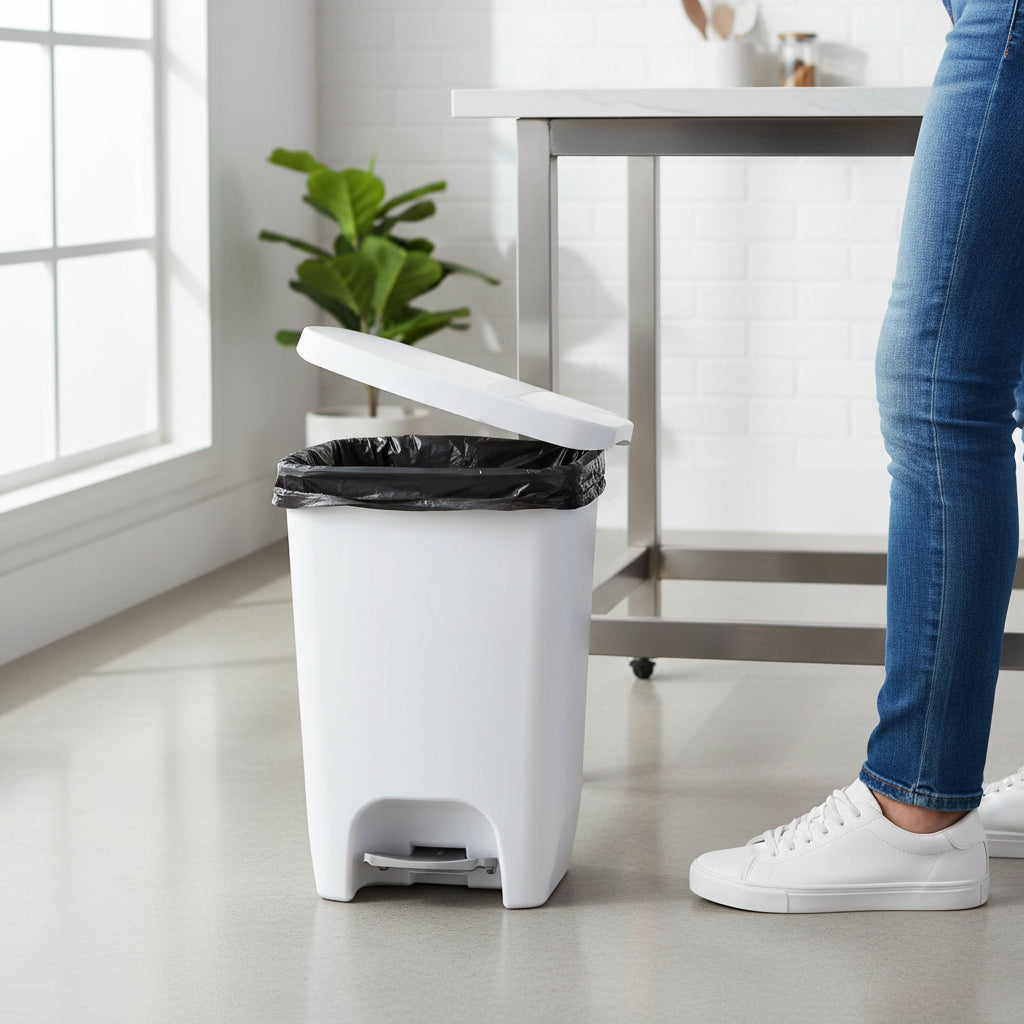 White 13-Gallon Trash Can — Step Pedal, Odor Protection Lid