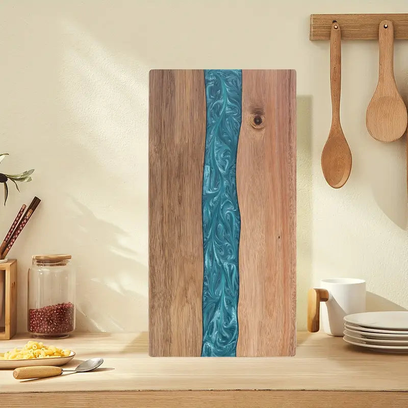 Tábua de resina e madeira de acácia com efeito de rio — superfície de corte retangular, 46 x 23 cm