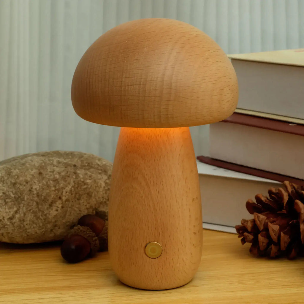 Portobello Mushroom Lamp | Natural Wood Rechargeable Night Light | Meowbutter