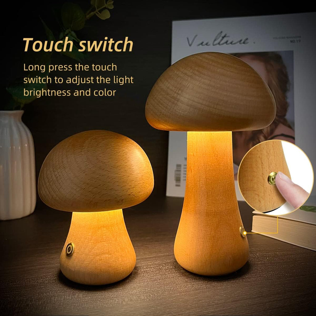 MiraGlow | Wooden Mushroom LED Night Light With Touch Switch | Ambient Mood Lighting | Child-Friendly Lamp
