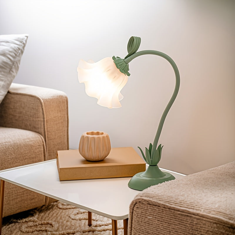 Lampada floreale a fioritura regolabile — alimentata tramite USB, base in ghisa verde, petali in acrilico trasparente