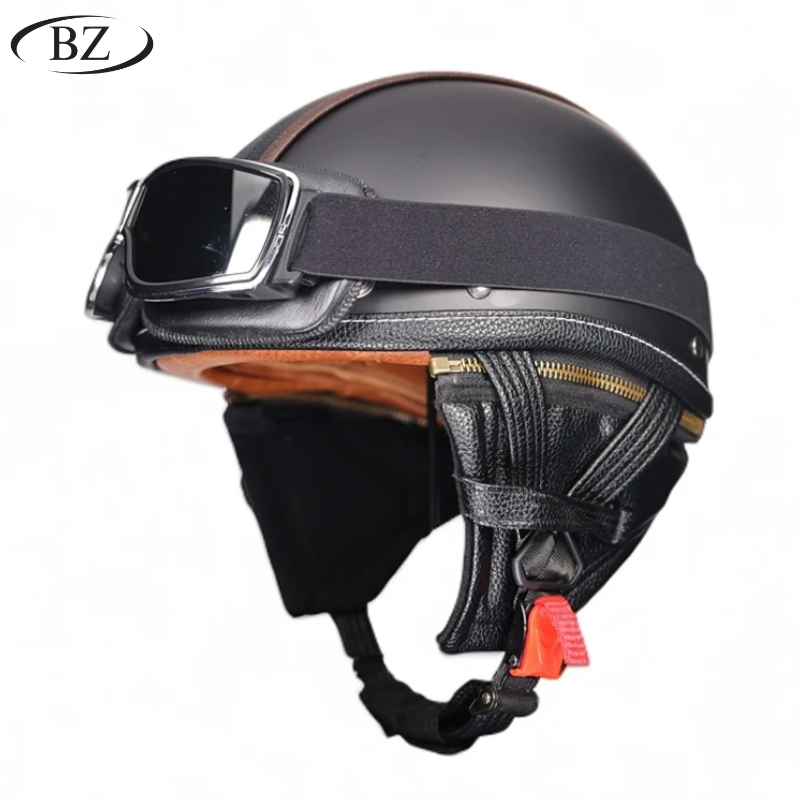 Casco Retro Medio – Acabado Clásico en Cuero con Cubiertas de Orejas Removibles – Aprobado por DOT y ECE - Meowbutter