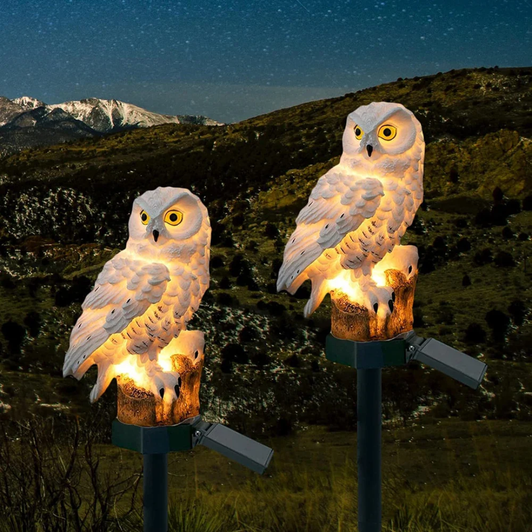 Candeeiro de estaca para jardim com coruja solar — LED branco quente com acendimento automático