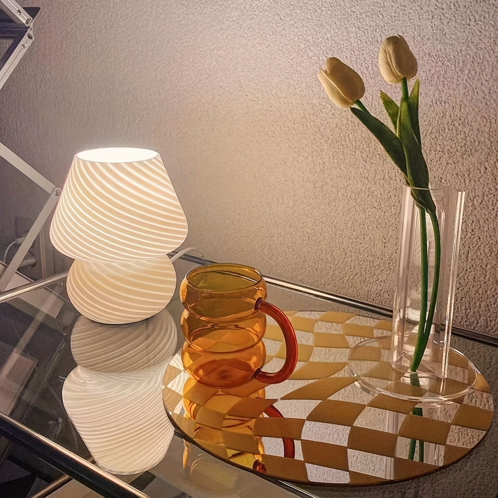 مصباح طاولة زجاجي بتصميم مورانو — تصميم مستوحى من الفطر مع إمكانية تعتيم عبر USB