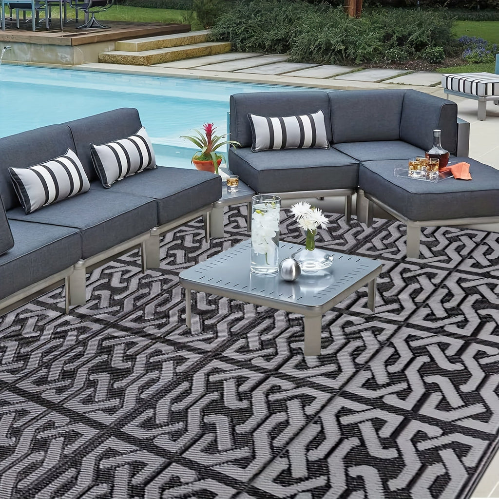 Reversible Outdoor Rug | Black & Grey Modern Patio Mat | Meowbutter