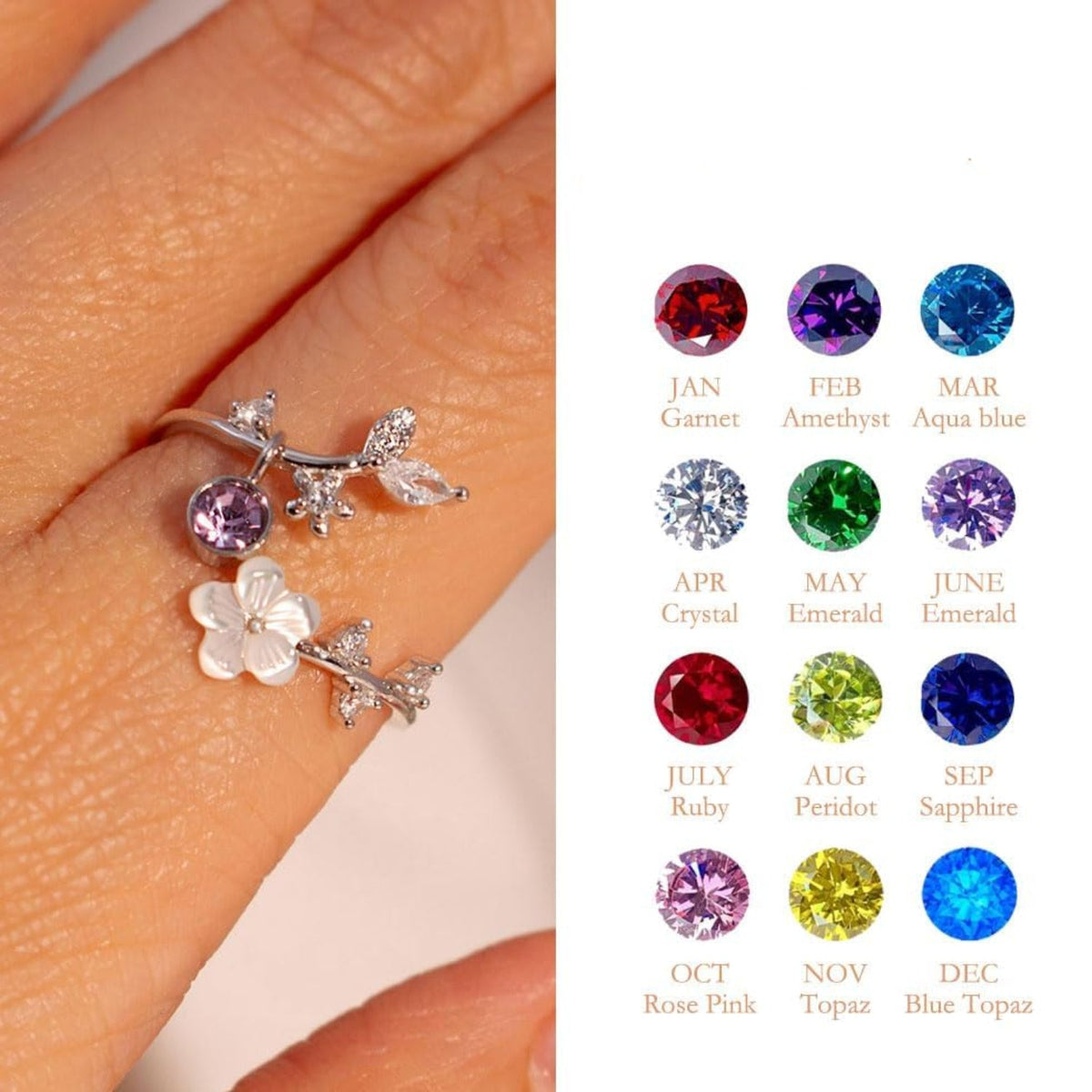 Adjustable Floral Birthstone Ring — Cubic Zirconia Accent Stones