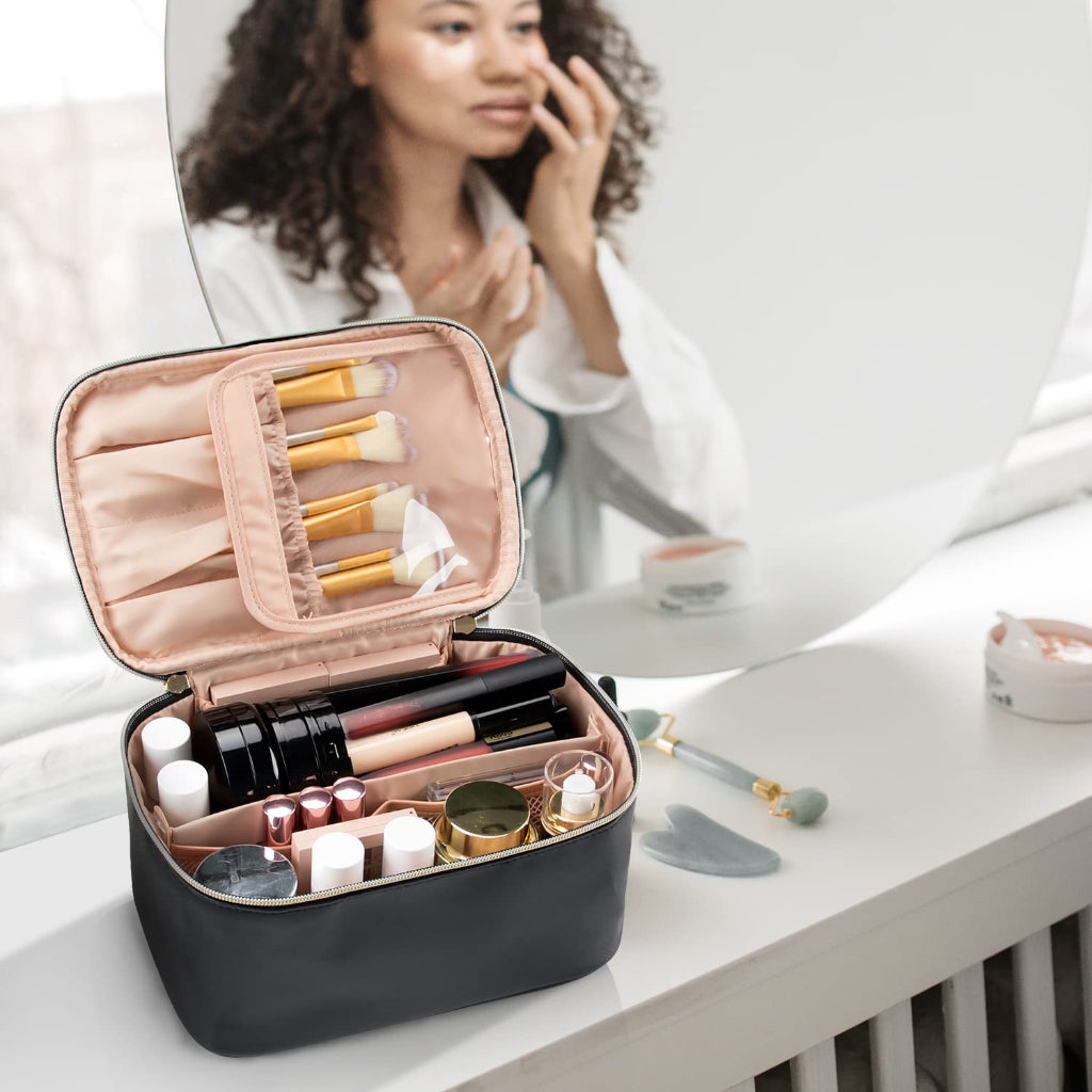 Borsa per trucchi in pelle sintetica impermeabile con interno in nylon e organizer