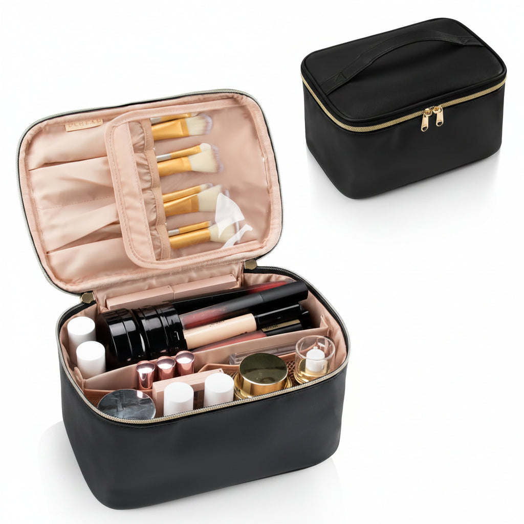 Borsa per trucchi in pelle sintetica impermeabile con interno in nylon e organizer