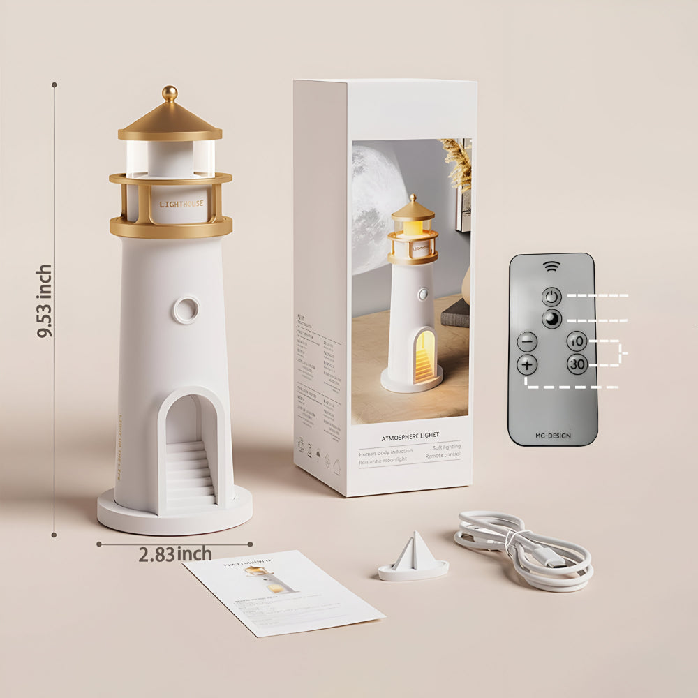 LED Lighthouse Night Light — Nautical Projection Lamp, Steady Warm Illumination