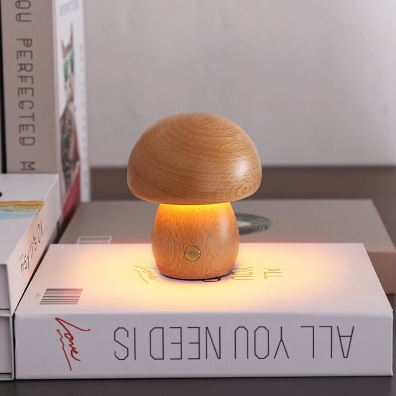 Portobello Mushroom Lamp | Natural Wood Rechargeable Night Light | Meowbutter