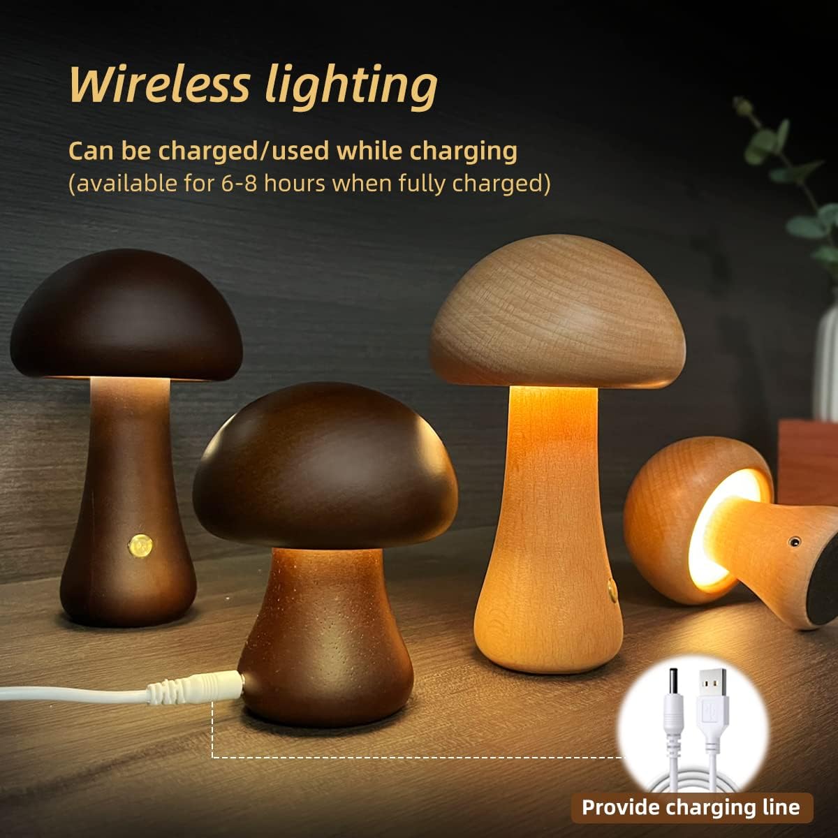 MiraGlow | Wooden Mushroom LED Night Light With Touch Switch | Ambient Mood Lighting | Child-Friendly Lamp