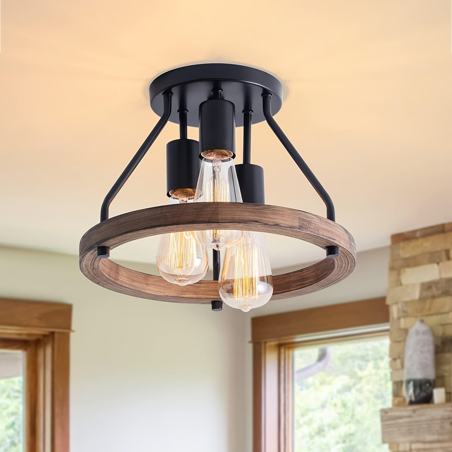 Lampada da soffitto a anello in legno industriale | Plafoniera a 3 luci semi incassata | Meowbutter
