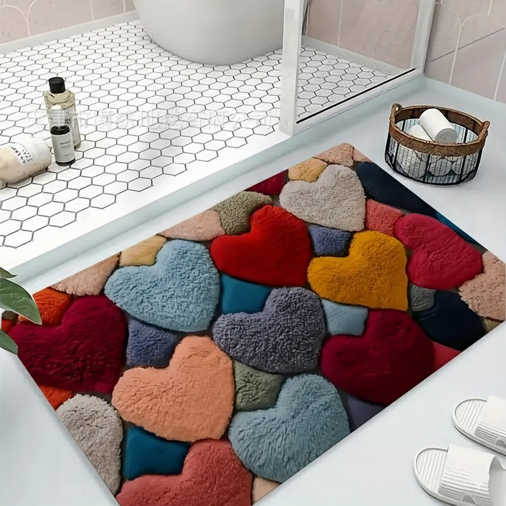 Odolná polyesterová rohožka — vzor srdcí, 1,2cm strojově tkaný vlas
