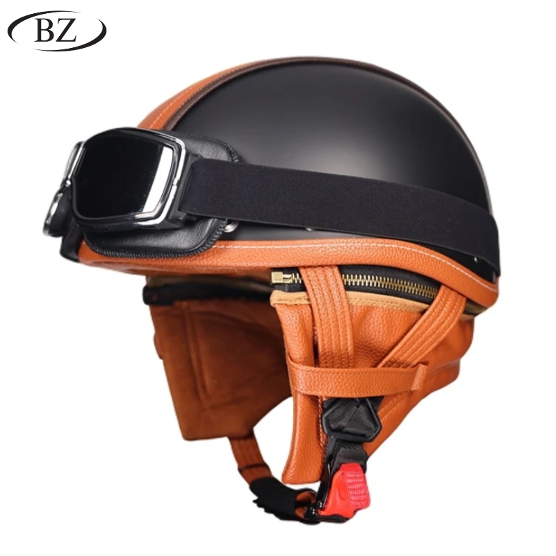 Casco Retro Medio – Acabado Clásico en Cuero con Cubiertas de Orejas Removibles – Aprobado por DOT y ECE - Meowbutter