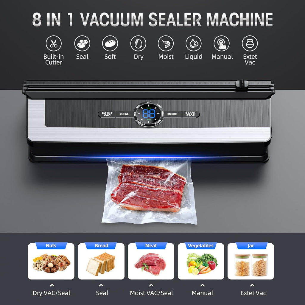 Vacuum Sealer - Built-In Bag Cutter - LED Indicator - Dry & Moist Food - 15 Bags Included | meowbutter