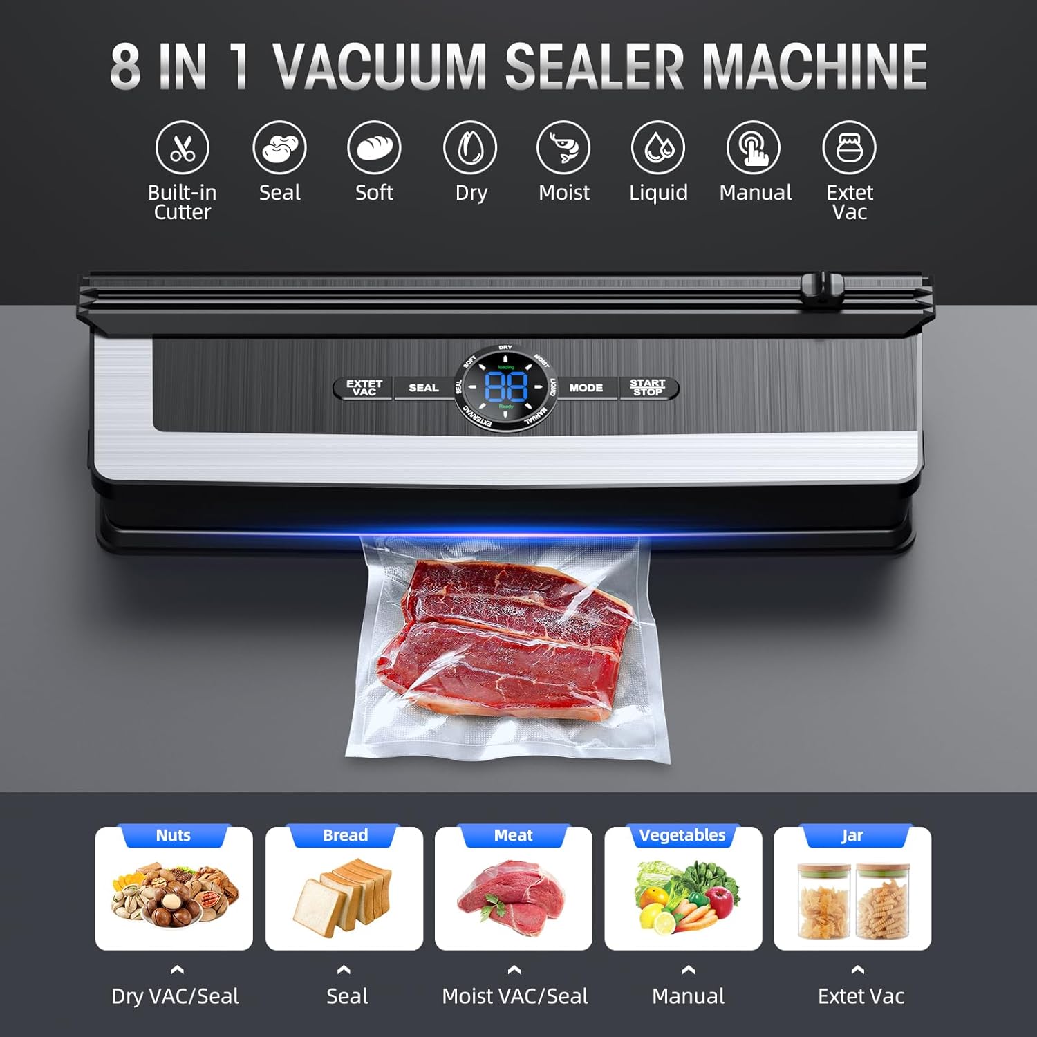 Vacuum Sealer - Built-In Bag Cutter - LED Indicator - Dry & Moist Food - 15 Bags Included | meowbutter