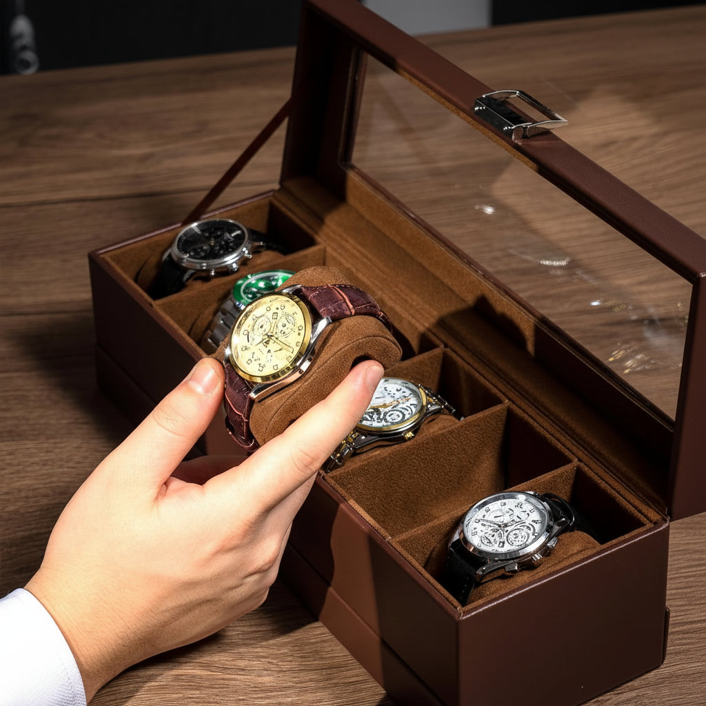 Two-Tier Watch Organizer Case — 6 Slots, Glass Lid, Pull-Out Drawer
