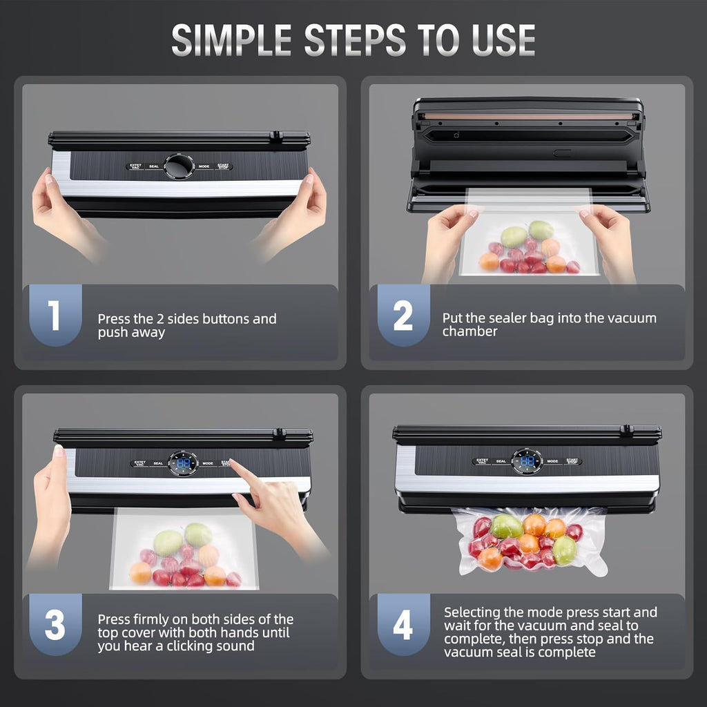 Vacuum Sealer - Built-In Bag Cutter - LED Indicator - Dry & Moist Food - 15 Bags Included | meowbutter