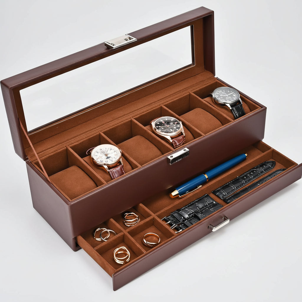 Two-Tier Watch Organizer Case — 6 Slots, Glass Lid, Pull-Out Drawer