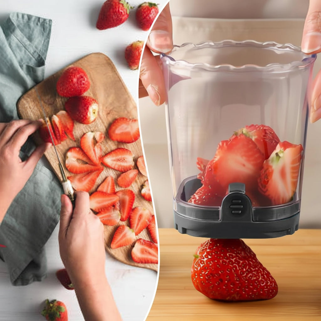 Kráječ jahod Fruit Slicer s 8 čepelemi, snadné použití, na ovocné saláty | Meowbutter