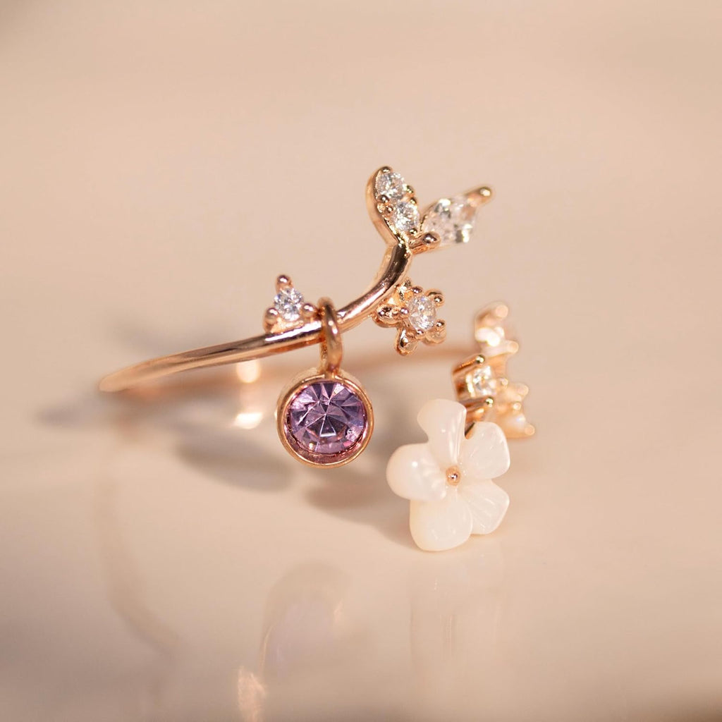 Adjustable Floral Birthstone Ring — Cubic Zirconia Accent Stones